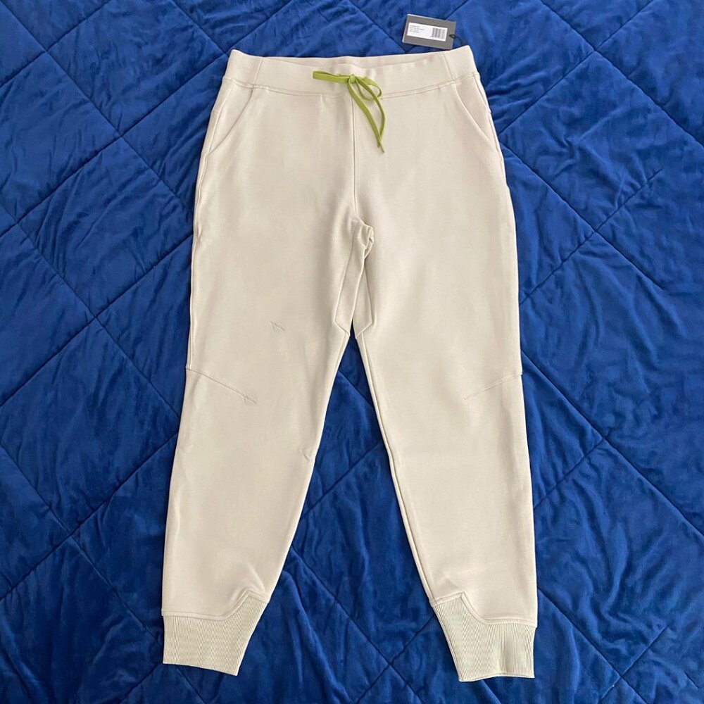 Stone Beige Casual Lounge Sweatpants Ribbed Hem with Light Lime Green Drawstring